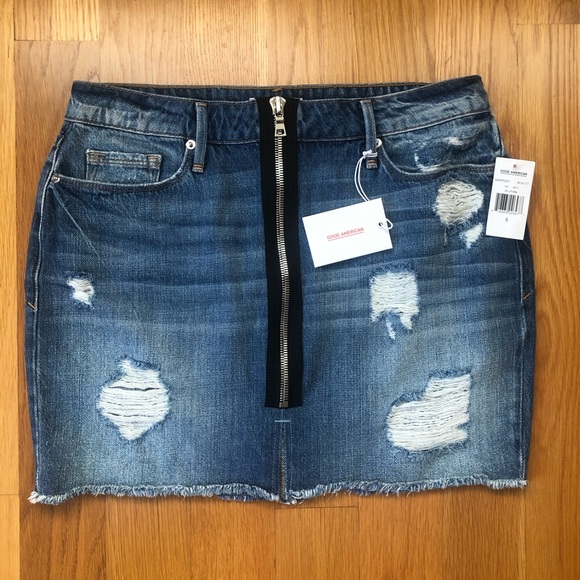 NWT $155~GOOD AMERICAN~Black Zip Up Distressed Denim Jeans Mini Skirt~6/28/Small - Picture 4 of 10